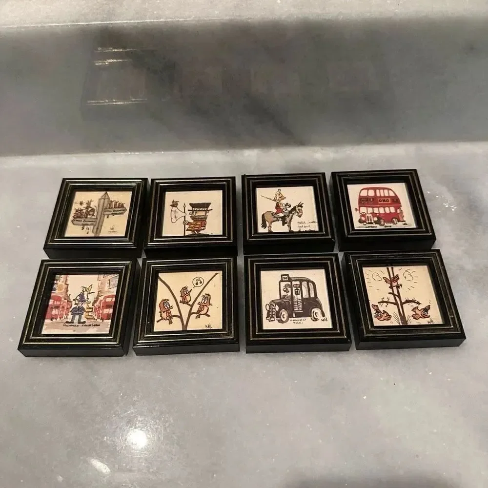 Vintage Rare Framed London-Themed Tile Handmade Art Set of 8
